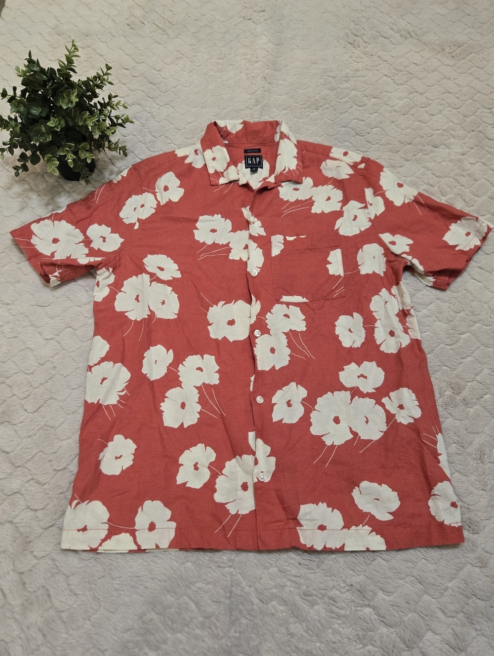 GAP Coral Red & White Floral Linen-Blend Short-Sleeve Casual Shirt, Mens Medium